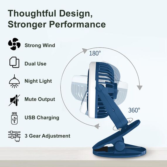 Teknum 2-In-1 Stroller Usb Charging Fan With Light 1200Mah, Color: Blue, 5 image