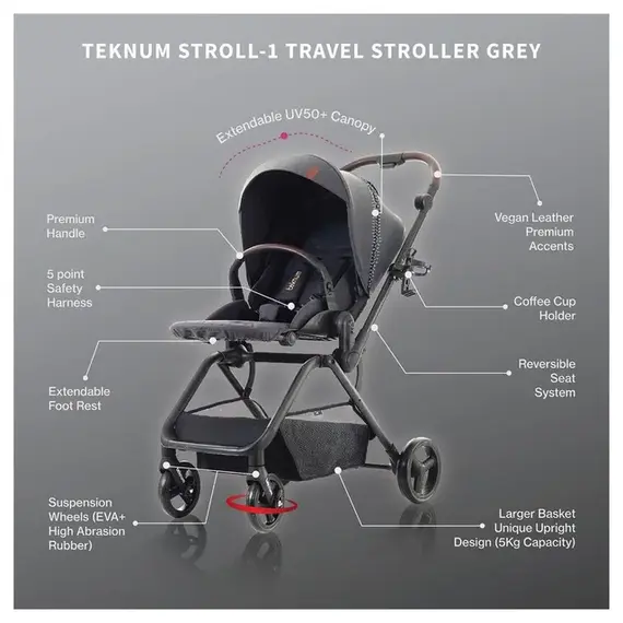 Teknum Stroll-1 Reversible Travel Baby Stroller 0–48 Months Up To 22Kg, Color: Grey, 8 image