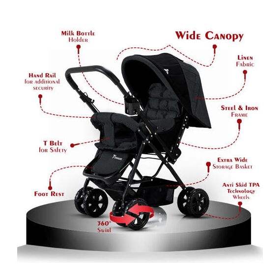 Teknum Reversible Look At Me Stroller Combo With Diaper Bag Hooks & Changing Pad 6–36 Months Up To 15Kg, Color: Black, 8 image