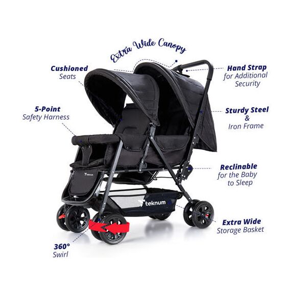 Teknum Double Stroller Combo 6–36 Months 2 X 15Kg, Color: Black, 2 image