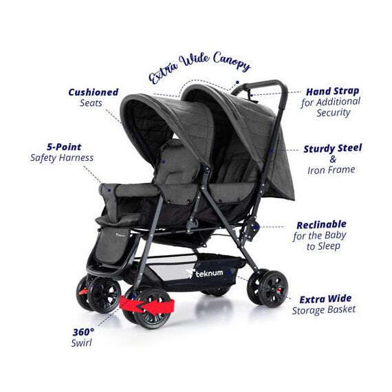 Teknum Double Stroller Combo 6–36 Months 2 X 15Kg, Color: Dark Grey, 2 image