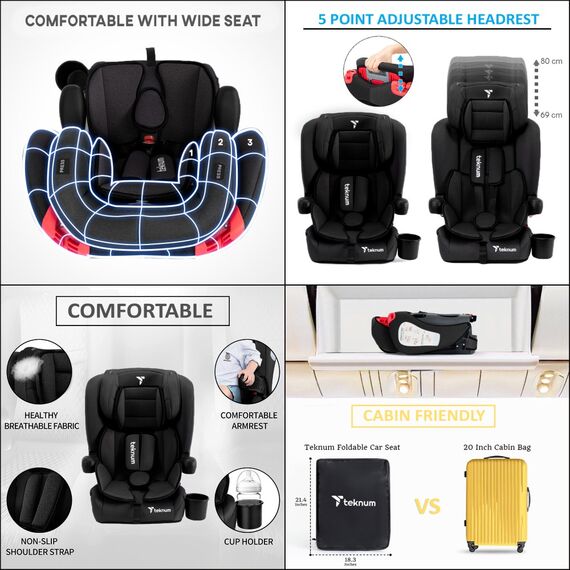 Teknum Pack And Go Foldable Car Seat With Ace Ivory Diaper Bag 9 Months–12 Years 9–36Kg, Color: Black, 8 image
