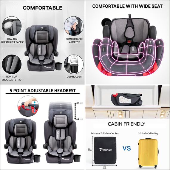 Teknum Pack And Go Foldable Car Seat With Ace Ivory Diaper Bag 9 Months–12 Years 9–36Kg, Color: Grey, 4 image