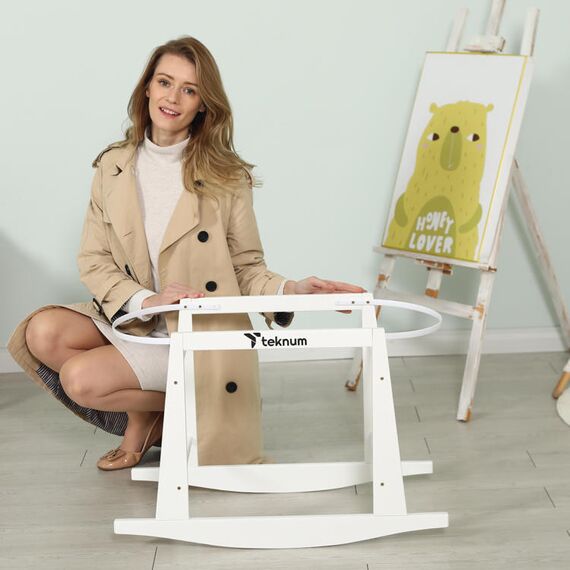 Teknum Wicker Pod Moses Basket Rocker Stand White New Zealand Pine Wood Up To 30Kg, 5 image