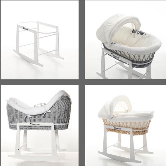 Teknum Wicker Pod Moses Basket Rocker Stand White New Zealand Pine Wood Up To 30Kg, 8 image