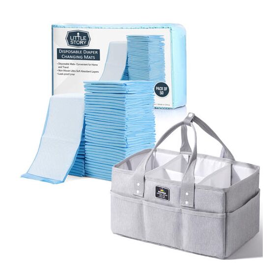 Sunveno Diaper Caddy Organizer With 50 Pcs Disposable Changing Mats, Color: Light Gray