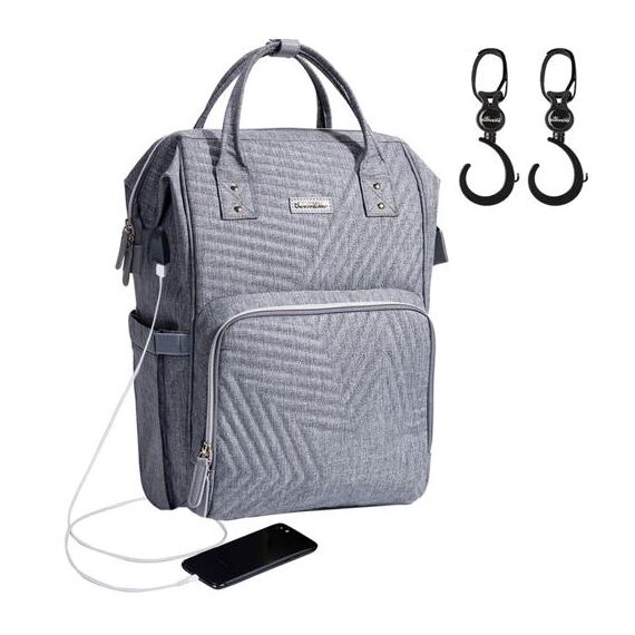 Sunveno Diaper Bag With Usb Port And Stroller Hooks, Color: Grey