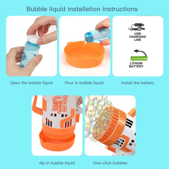 Little Story 108 Holes Bubble Machine Gun With Light For Kids Indoor & Outdoor, Color: Orange, 4 image