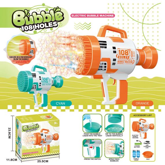 Little Story 108 Holes Bubble Machine Gun With Light For Kids Indoor & Outdoor, Color: Orange, 6 image
