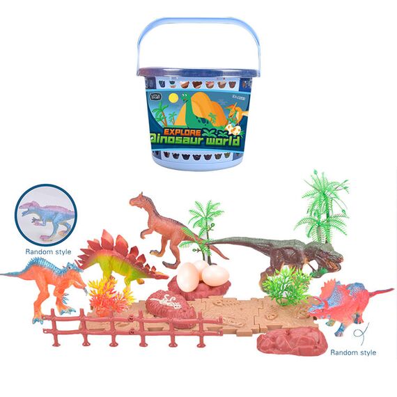 Little Story 21Pcs Dinosaur World Bucket Set With 5 Dinosaurs, 3 Eggs And Scene Accessories, Color: Orange