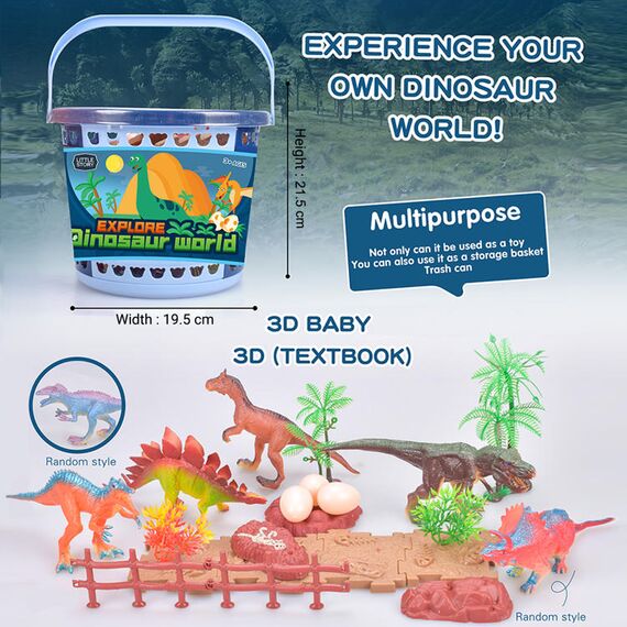 Little Story 21Pcs Dinosaur World Bucket Set With 5 Dinosaurs, 3 Eggs And Scene Accessories, Color: Orange, 3 image