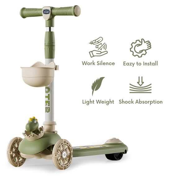 Little Story Kids Scooter & Ride-On Dinosaur Design With Seat & Basket 2-In-1, Color: Green, 7 image