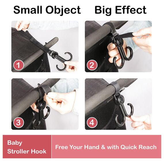 Sunveno 360° Rotatable Adjustable Velcro Strap Universal Stroller Hooks 2 Pcs, 6 image