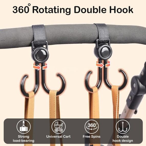 Sunveno 360° Rotatable Adjustable Velcro Strap Universal Stroller Hooks 2 Pcs, 7 image