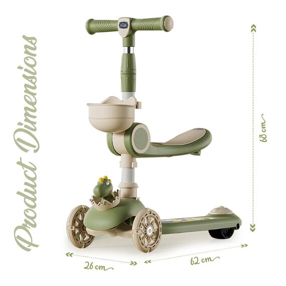 Little Story Kids Scooter & Ride-On Dinosaur Design With Seat & Basket 2-In-1, Color: Green, 9 image
