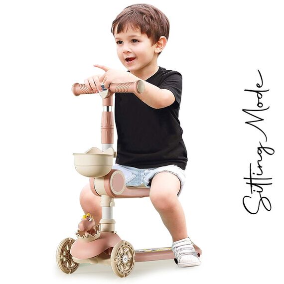 Little Story Kids Scooter & Ride-On Dinosaur Design With Seat & Basket 2-In-2, Color: pink, 3 image