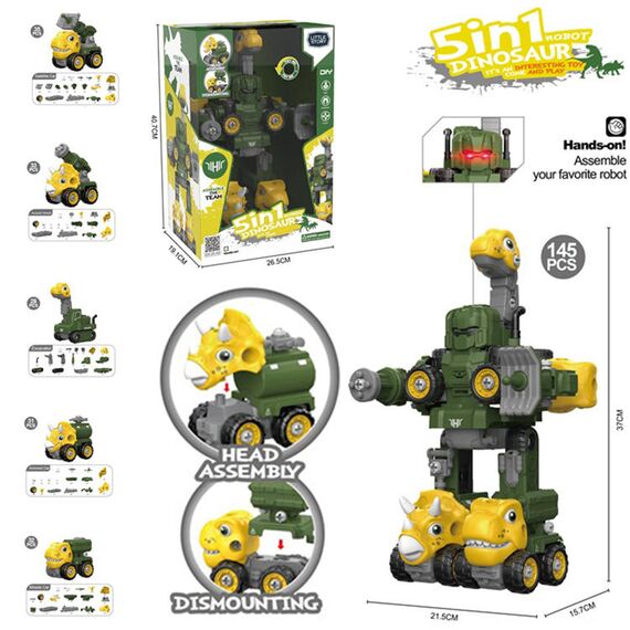 Little Story 5In1 Dinosaur Robot Transformation Vehicle 145Pcs, Color: Green, 3 image