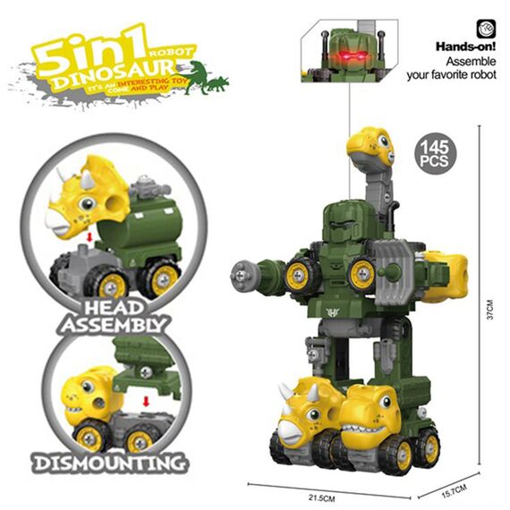 Little Story 5In1 Dinosaur Robot Transformation Vehicle 145Pcs, Color: Green, 5 image
