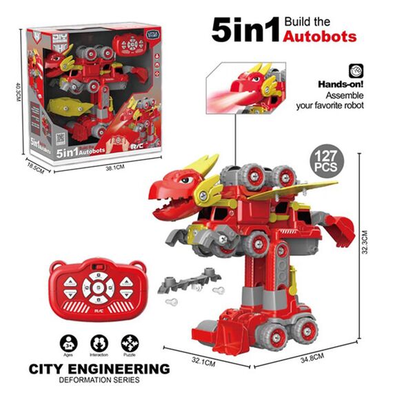 Little Story 5In1 Dinosaur Robot Transformation Vehicle 145Pcs, Color: red, 2 image