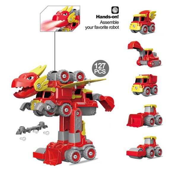 Little Story 5In1 Dinosaur Robot Transformation Vehicle 145Pcs, Color: red, 4 image