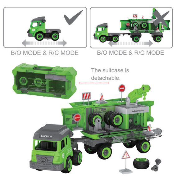 Little Story Kids Sanitation Truck Toy With 2 Mini Trucks, Color: Green, 2 image