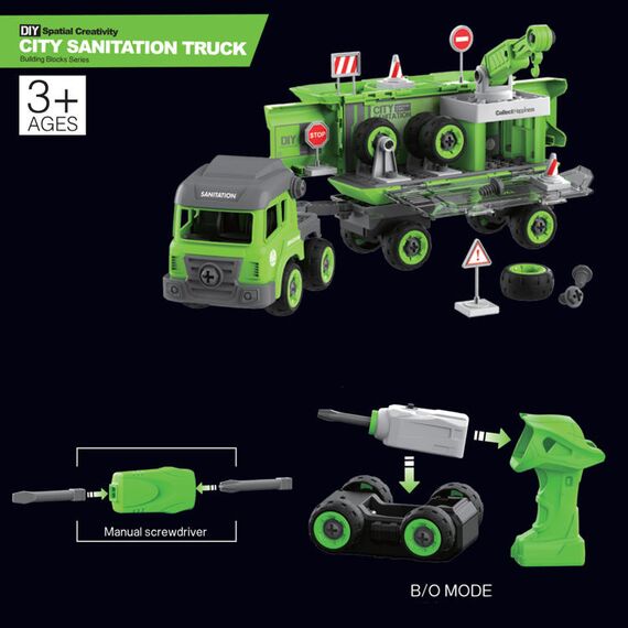 Little Story Kids Sanitation Truck Toy With 2 Mini Trucks, Color: Green, 4 image