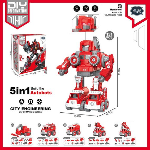 Little Story 5In1 Robot Transformation Fire Fighter Truck With Remote Red, Color: red, 2 image