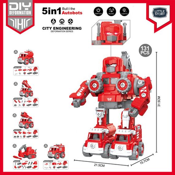 Little Story 5In1 Robot Transformation Fire Fighter Truck With Remote Red, Color: red, 3 image