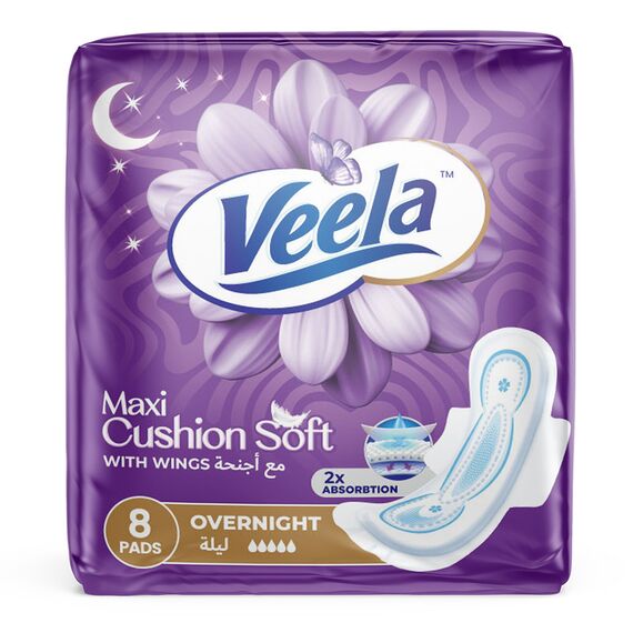 Veela Cushion Soft Maxi Pads for Women Heavy Flow Feminine Hygiene Pads Overnight 8 Count