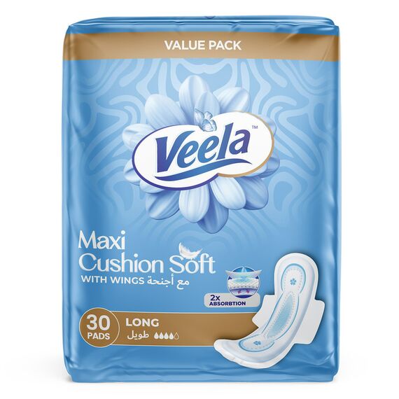 Veela Cushion Soft Maxi Pads for Women Heavy Flow Feminine Hygiene Pads Long 30 Count Value Pack