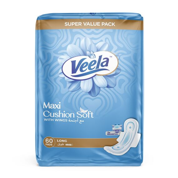 Veela Cushion Soft Maxi Pads for Women Heavy Flow Feminine Hygiene Pads Long 60 Count Value Pack