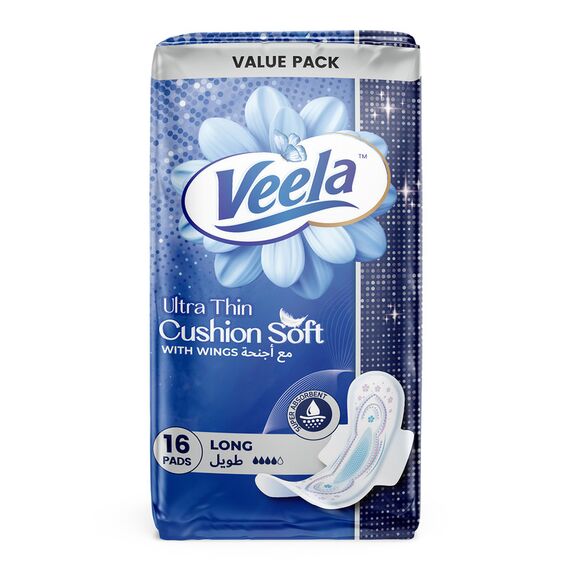 Veela Cushion Soft Ultra Thin Pads for Women Heavy Flow Feminine Hygiene Pads Long 16 Count