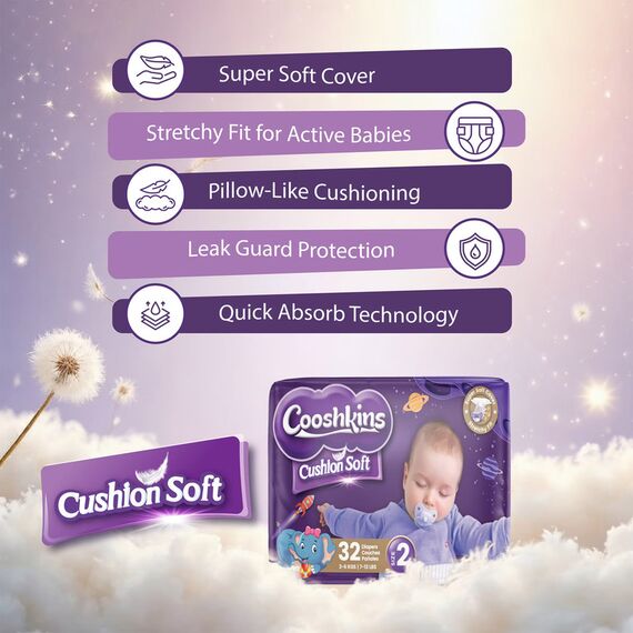 Cushion Soft Baby Diapers Size 2 32 Count Super Soft Cover Stretchy Fit Leak Guard Quick Absorb Core Hypoallergenic for 3–6 kg 7–13 lbs Babies, 5 image