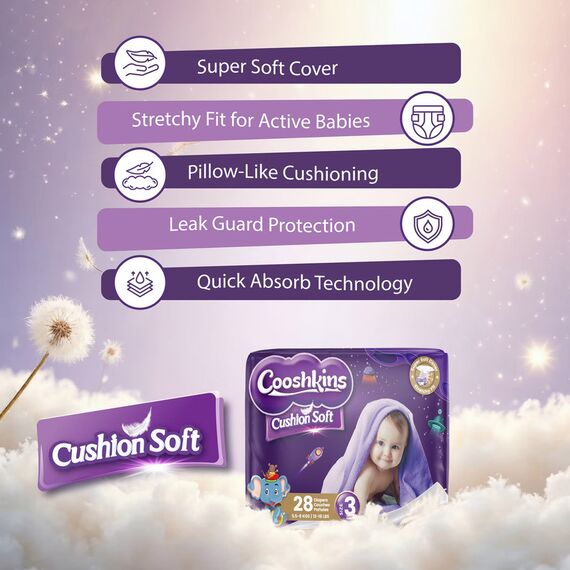 Cushion Soft Baby Diapers Size 3 28 Count Super Soft Cover Stretchy Fit Leak Guard Quick Absorb Core Hypoallergenic for 5.5–8 kg 12–18 lbs Babies, 5 image