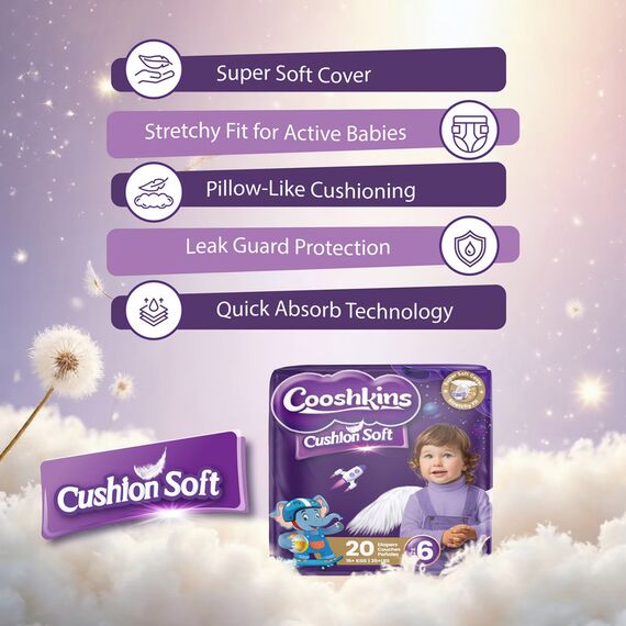 Cushion Soft Baby Diapers Size 6 20 Count Super Soft Cover Stretchy Fit Leak Guard Quick Absorb Core Hypoallergenic for 16 kg+ 35+ lbs Babies, 5 image