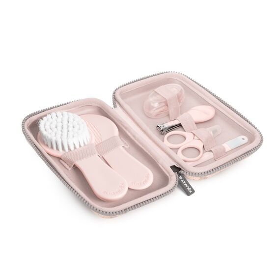 Suavinex Baby Care Daily Grooming Essential Gift Set of 6 Contains Finger Toothbrush, Comb, Nail Clippers, Scissors & Brush 0+Month, Color: pink