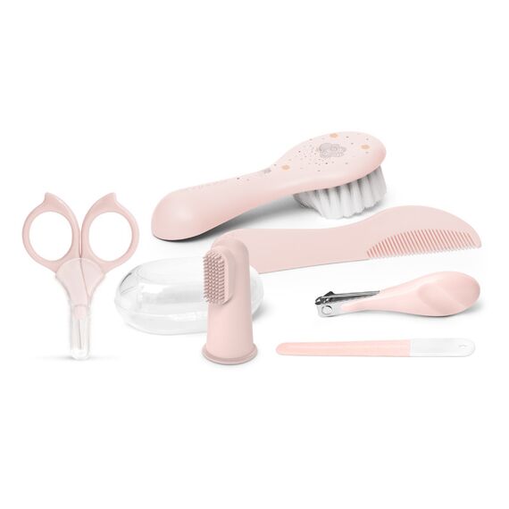 Suavinex Baby Care Daily Grooming Essential Gift Set of 6 Contains Finger Toothbrush, Comb, Nail Clippers, Scissors & Brush 0+Month, Color: pink, 2 image
