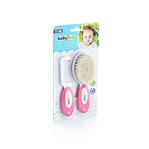 Babyjem 2-Piece Brush & Comb Set with Natural Bristle for Babies 0 Months+, Color: pink, 3 image