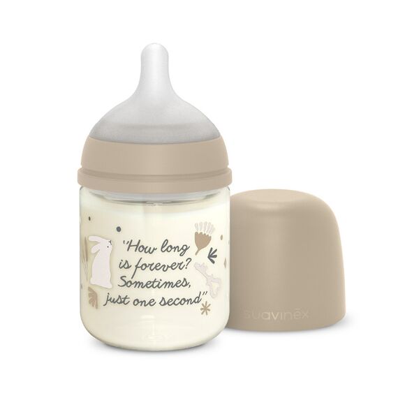 Suavinex Wonderland Glass Baby Bottle with Slow Flow Physiological Teat 120ml 0+ Months, Color: Beige