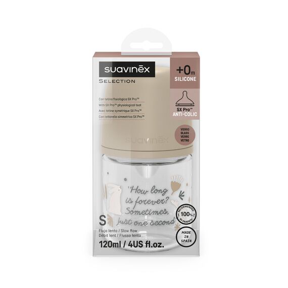 Suavinex Wonderland Glass Baby Bottle with Slow Flow Physiological Teat 120ml 0+ Months, Color: Beige, 3 image