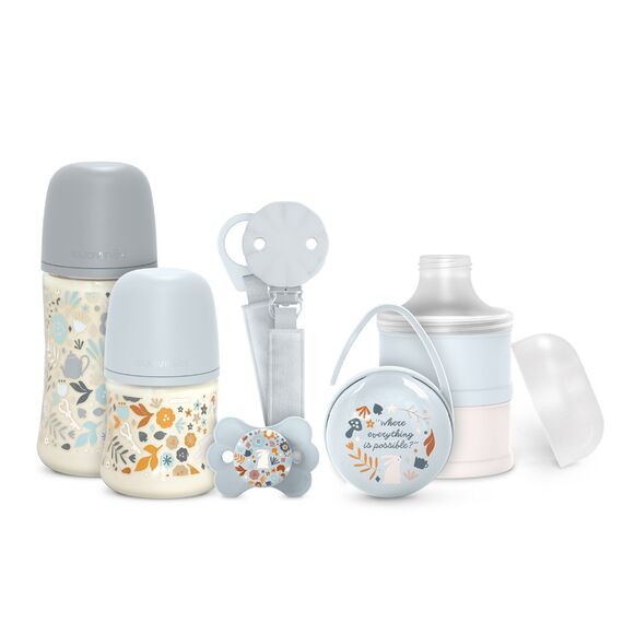 Suavinex Welcome Baby Feeding Gift Set of 5 for New Born Baby, Feeding Bottles, Pacifier, Pacifier Holder & Powdered Milk Dispenser, Color: Blue