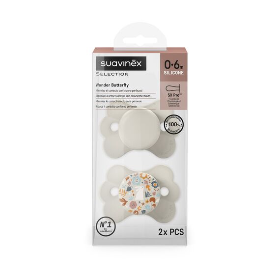 Suavinex SX Pro Ultra Soft Butterfly Shape Baby Pacifier for Babies 0-6 months with Silicone Nipple Physiological Teat Safe for Baby Pack of 2, Color: Beige, 2 image