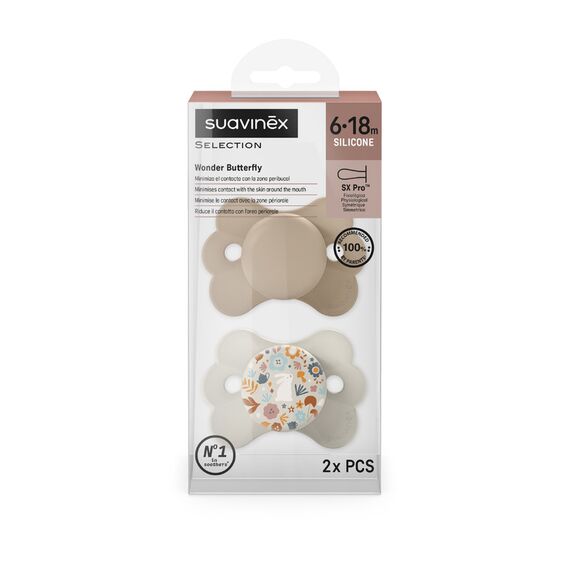 Suavinex SX Pro Ultra Soft Butterfly Shape Baby Pacifier for Babies 6-18 months with Silicone Nipple Physiological Teat Safe for Baby Pack of 2, Color: Beige, 2 image