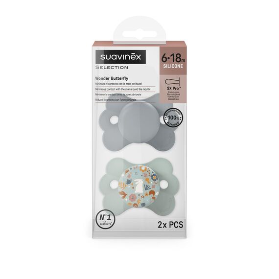 Suavinex SX Pro Ultra Soft Butterfly Shape Baby Pacifier for Babies 6-18 months with Silicone Nipple Physiological Teat Safe for Baby Pack of 2, Color: Green, 2 image
