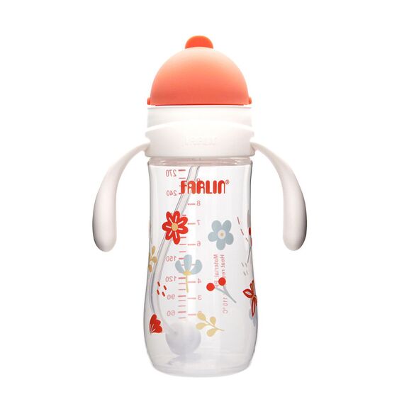 Farlin Grow With Colors PP Wide Neck Drinking Cup with Handle 270ml 6M+ Sliding Lid, Color: Orange
