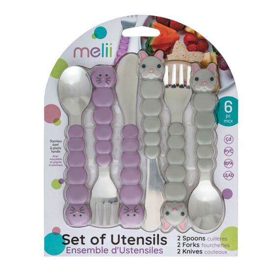 Melii Utensil Set Cat & Bulldog 6 Pcs, Color: Purple & Grey, 5 image