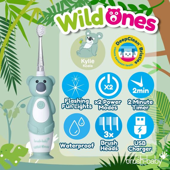 Brush-Baby WildOnes Rechargeable Electric Toothbrush for Kids 0–10 Years, Color: Green, 2 image