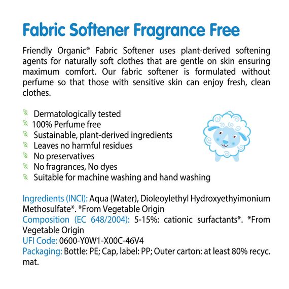 Friendly Organic 750ml Fragrance Free Baby Fabric Softener - White, 6 image