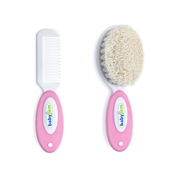 Babyjem 2-Piece Brush & Comb Set with Natural Bristle for Babies 0 Months+, Color: pink