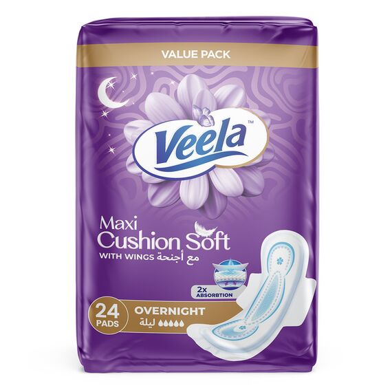 Veela Cushion Soft Maxi Pads for Women Heavy Flow Feminine Hygiene Pads Overnight 24 Count